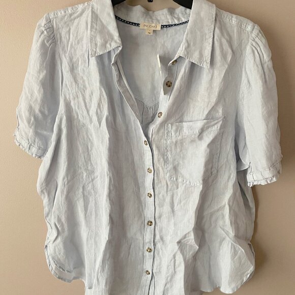 NWT The Aly Linen Puff-Sleeve Blouse by Pilcro Anthropologie Light Blue Top sz L - Picture 7 of 10